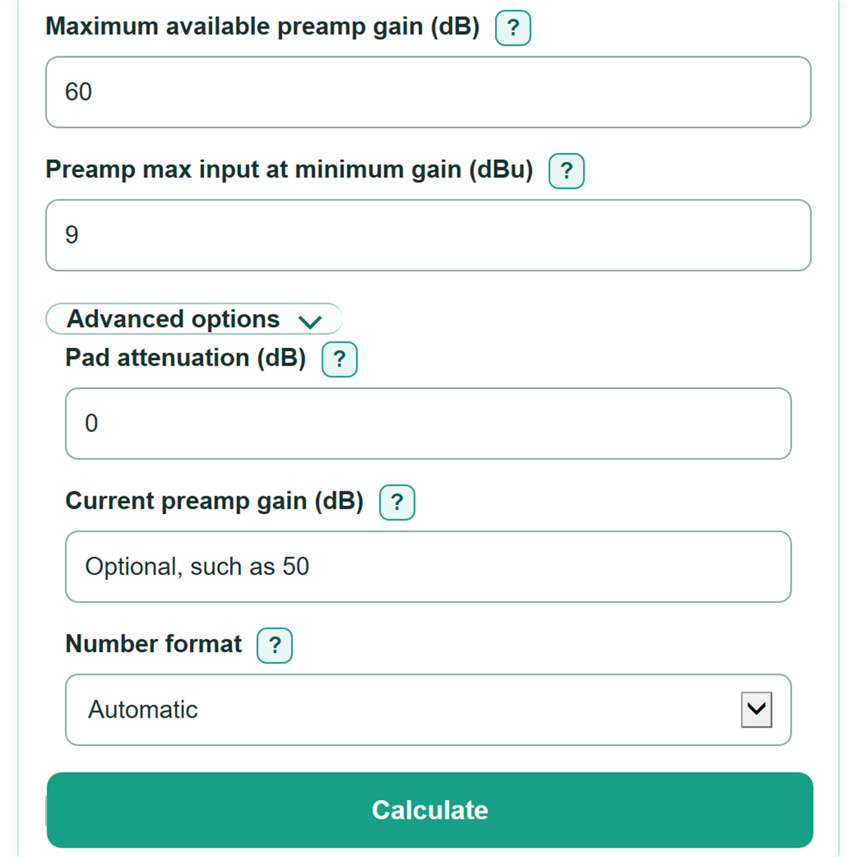 Example inputs for Microphone Preamp Gain and Headroom Calculator