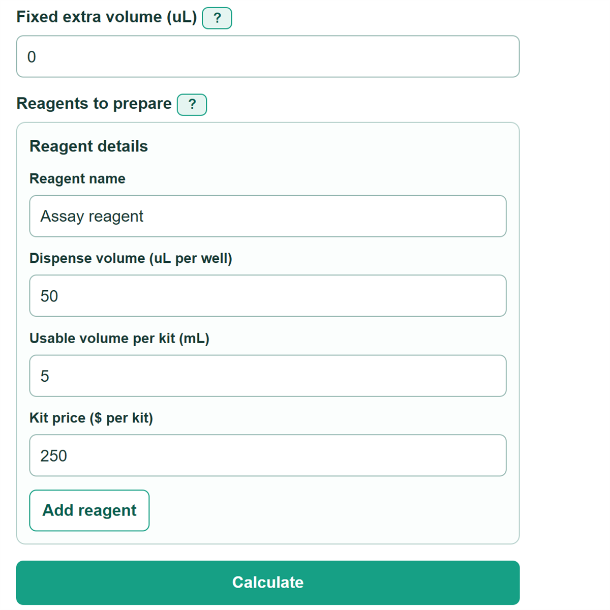 Example inputs for Microplate Reagent Volume and Kit Cost Calculator