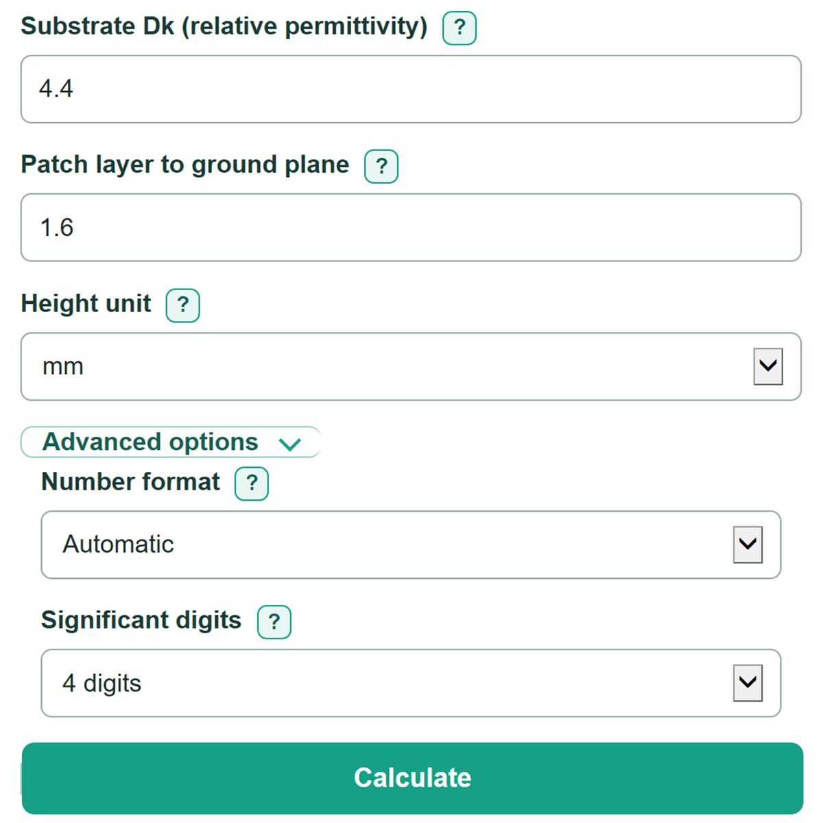 Example inputs for Microstrip Patch Antenna Dimensions Calculator