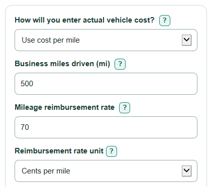 Example inputs for Mileage Reimbursement vs Actual Vehicle Cost Calculator