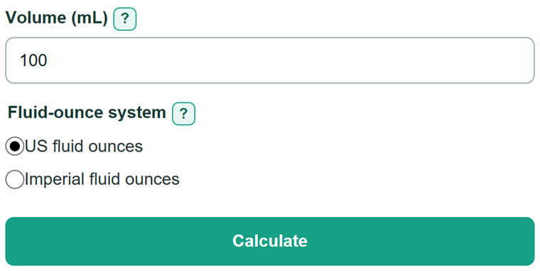Example inputs for mL to Fluid Ounces Converter