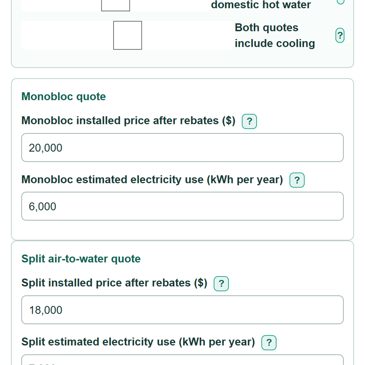 Example inputs for Monobloc vs Split Air-to-Water Heat Pump Lifetime Cost Calculator