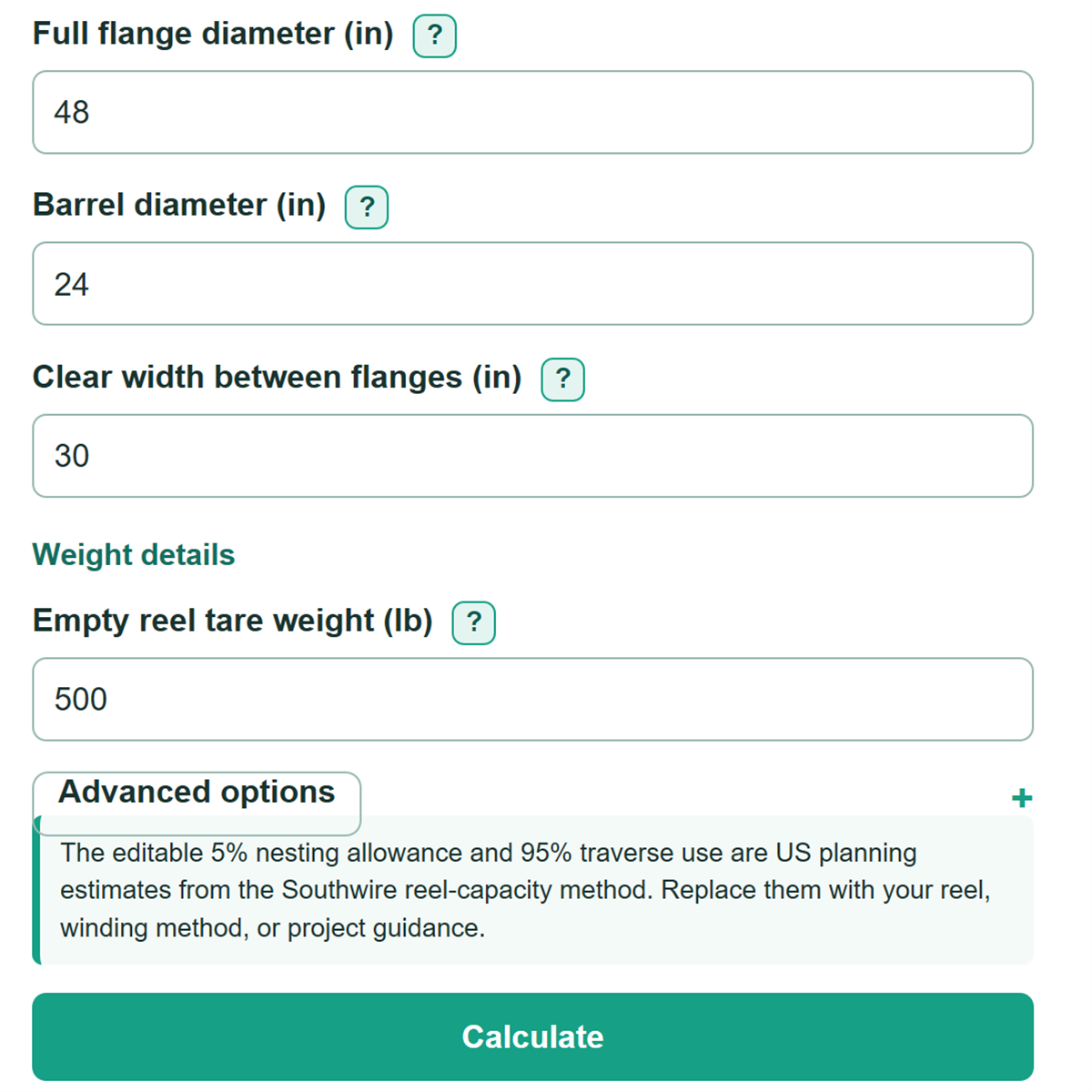 Example inputs for Multi-Conductor Cable Weight, Length and Drum Capacity Calculator