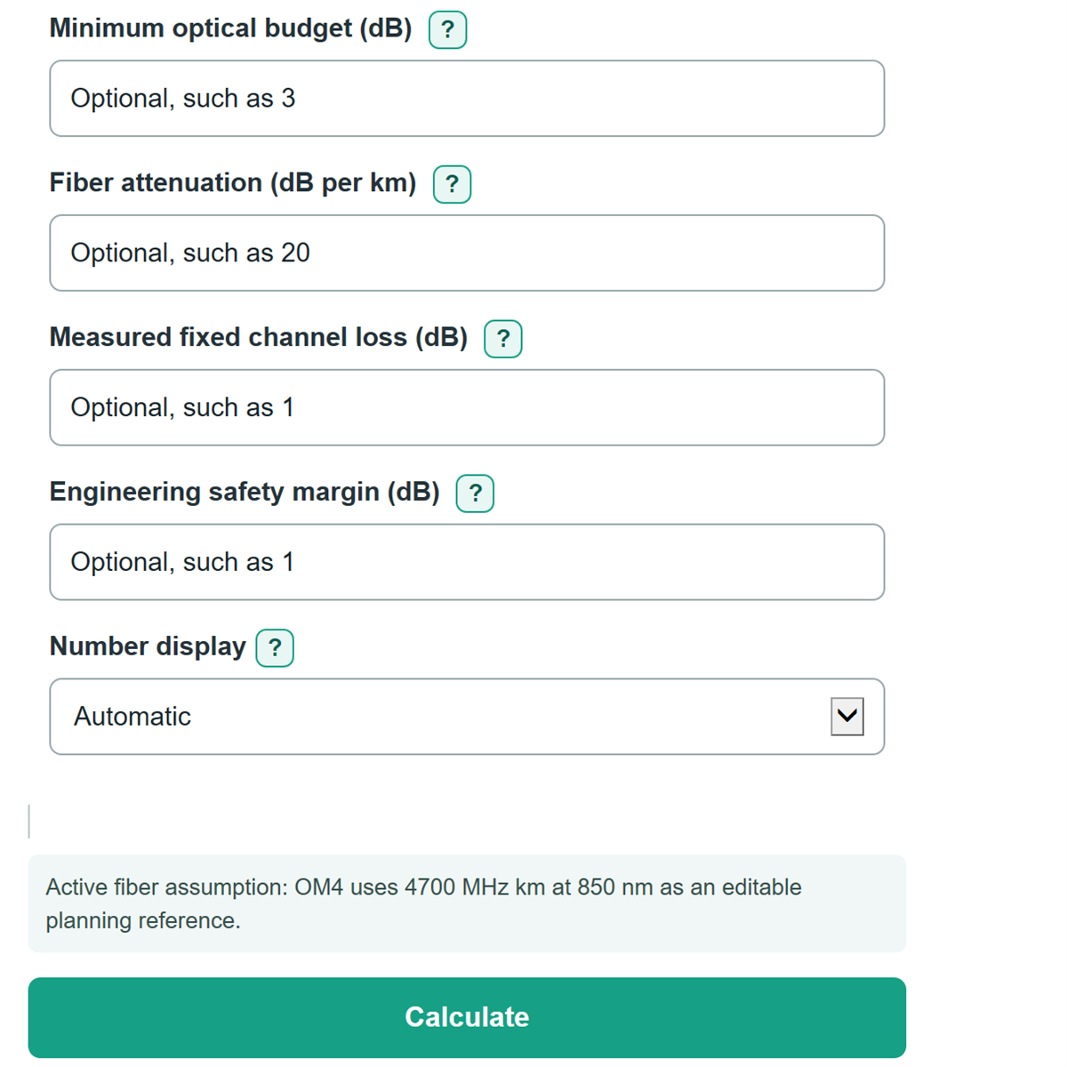 Example inputs for Multimode Fiber Bandwidth and Maximum Reach Calculator