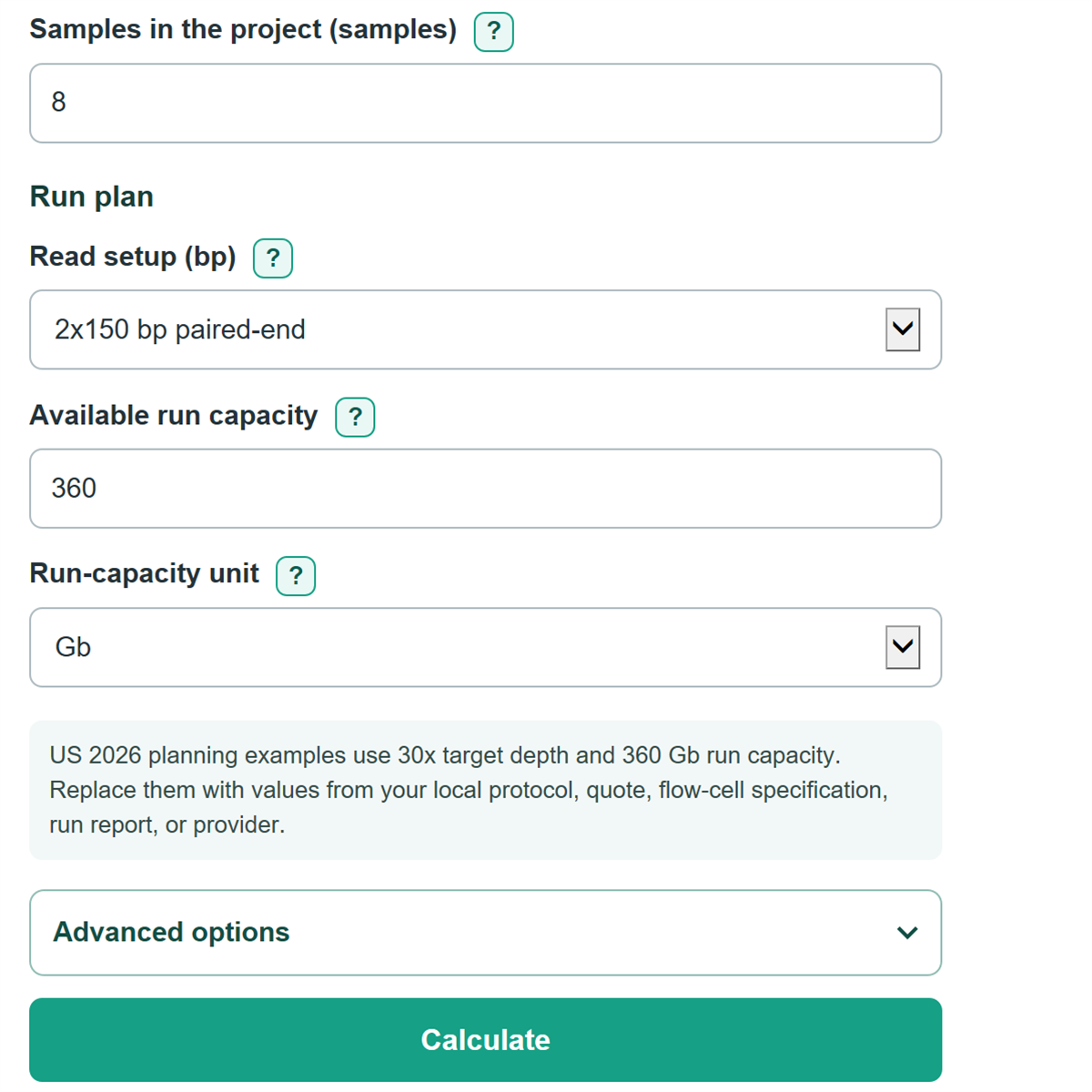 Example inputs for NGS Sequencing Coverage, Read Count and Run Capacity Calculator