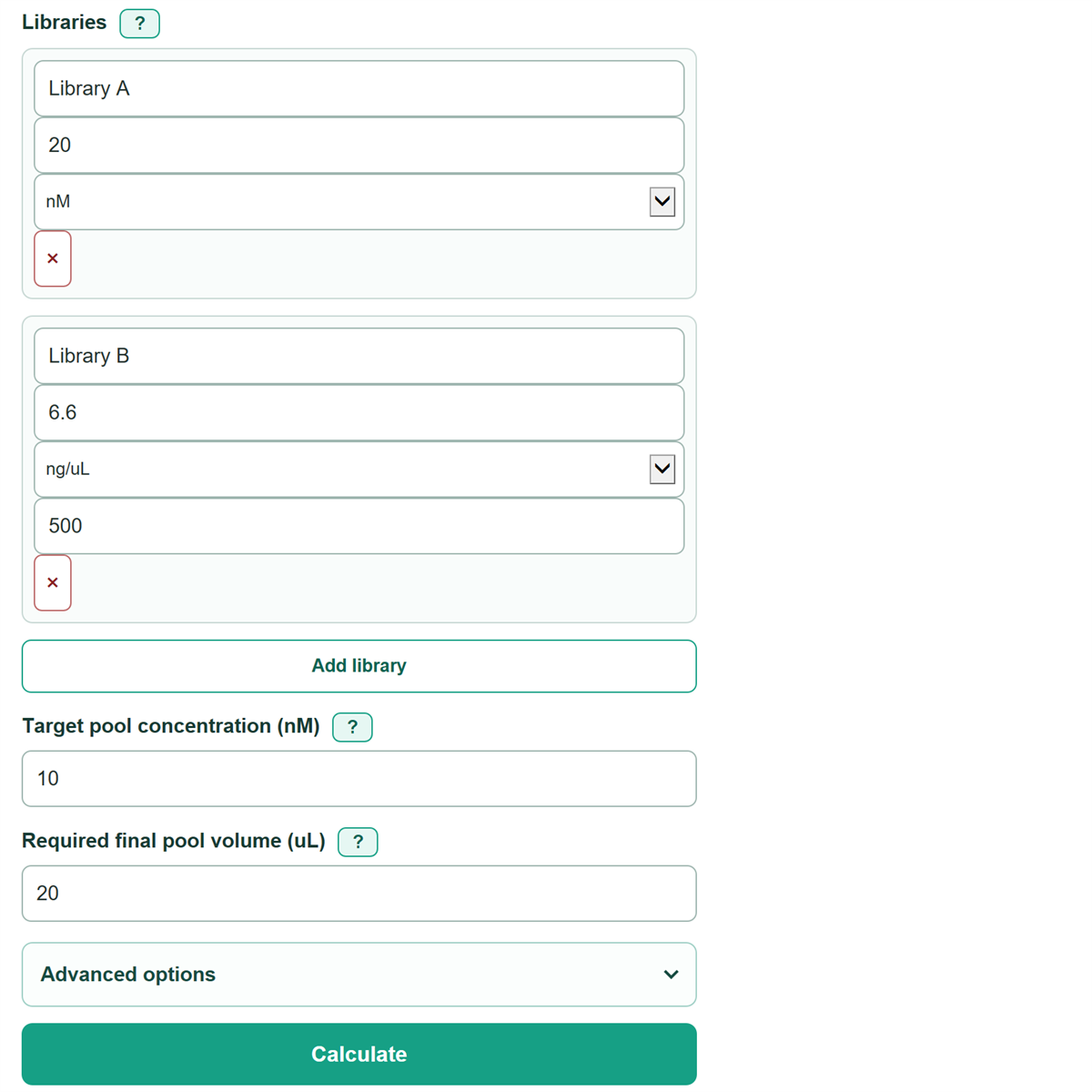 Example inputs for NGS Library Pooling Calculator