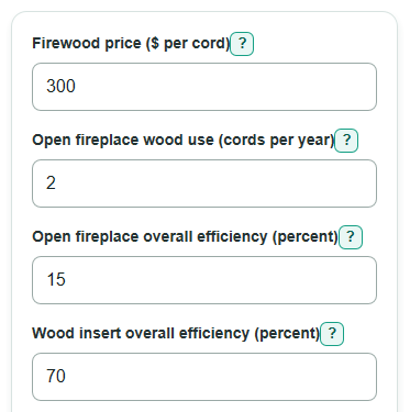 Example inputs for Open Fireplace vs Fireplace Insert Heating Cost Calculator