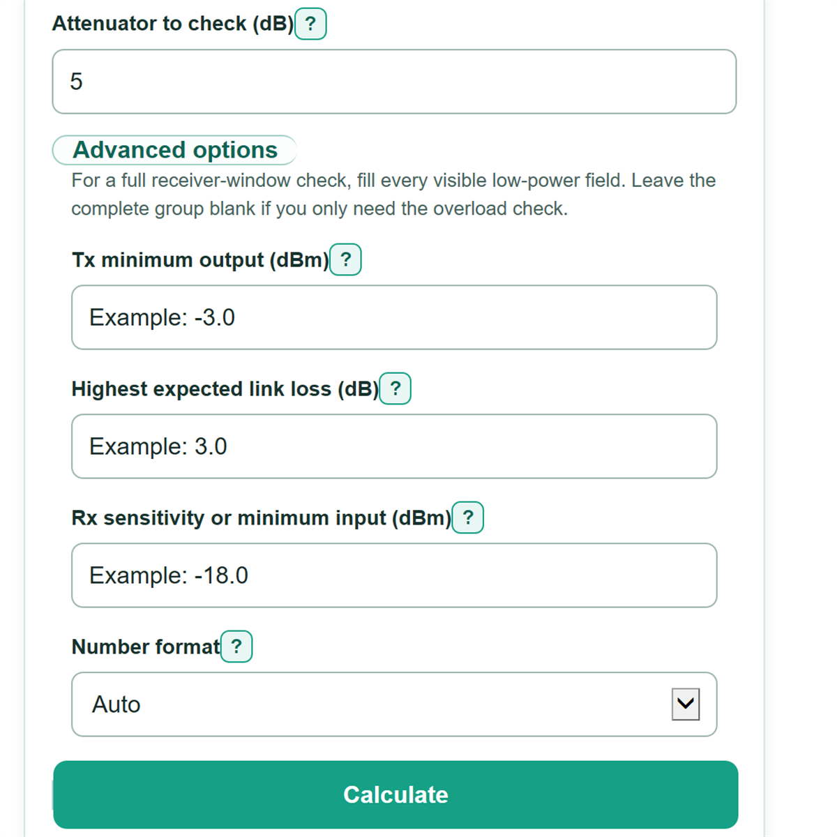 Example inputs for Optical Attenuator Value for Receiver Overload Calculator