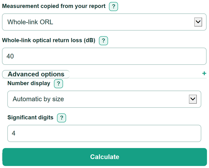 Example inputs for Optical Return Loss and Reflectance Calculator