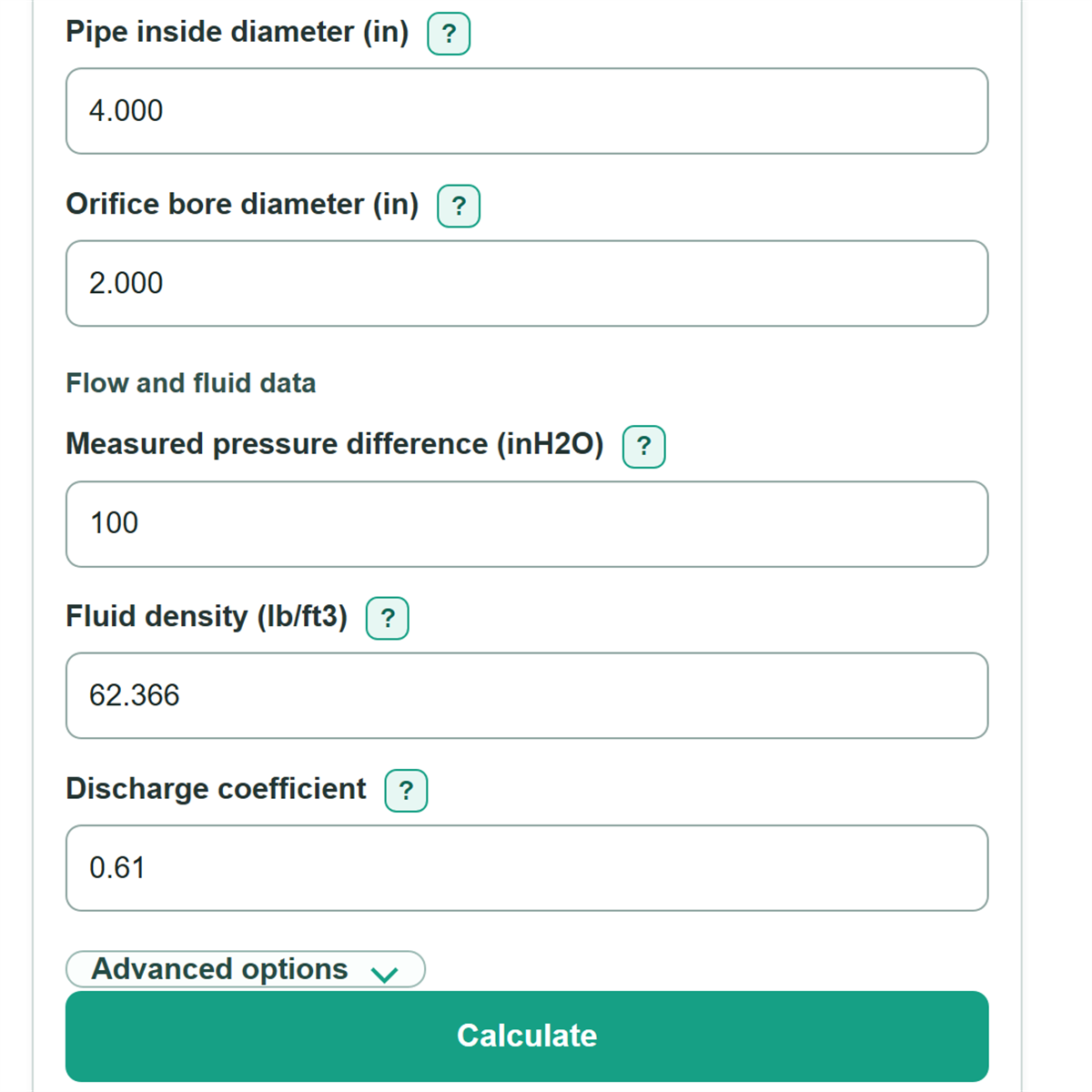 Example inputs for Orifice Plate Flow Rate and Differential Pressure Calculator