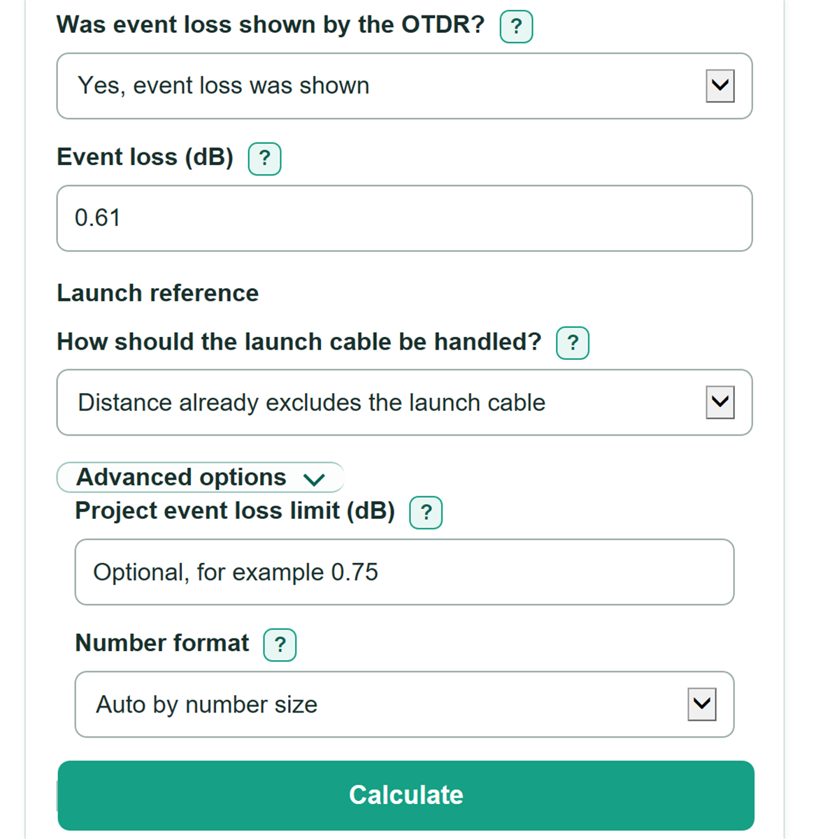 Example inputs for OTDR Event Loss and Fault Distance Calculator