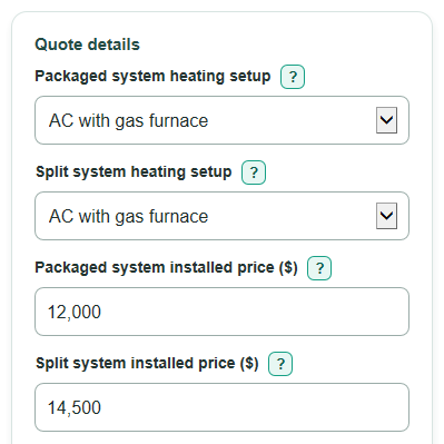 Example inputs for Packaged HVAC vs Split System Lifetime Cost Calculator