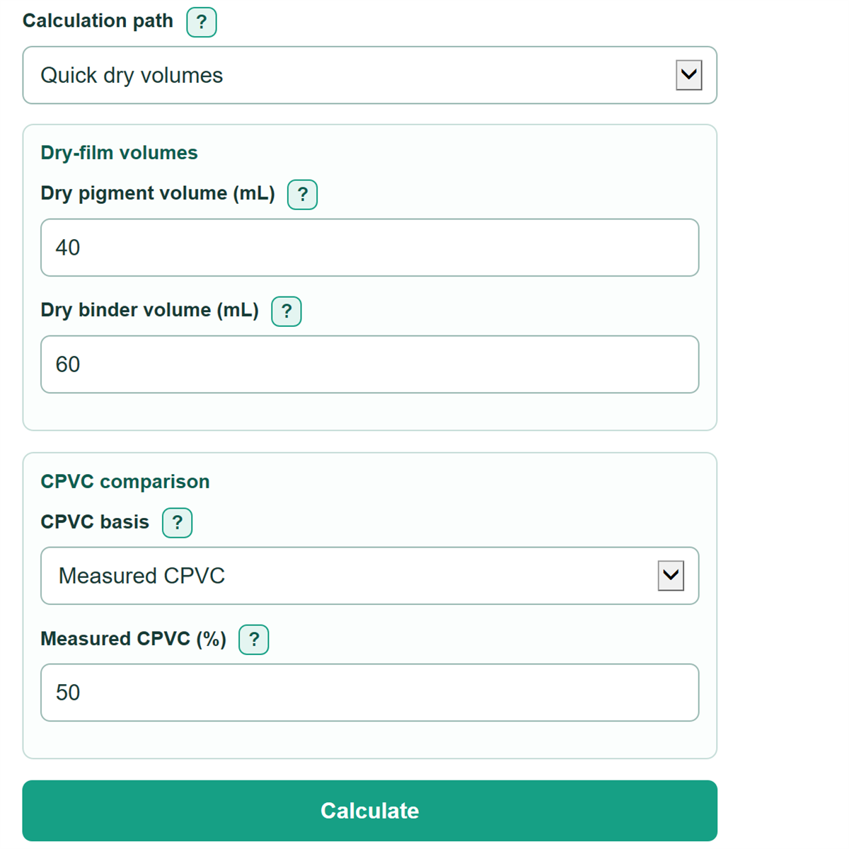 Example inputs for Paint Pigment Volume Concentration and Critical PVC Calculator