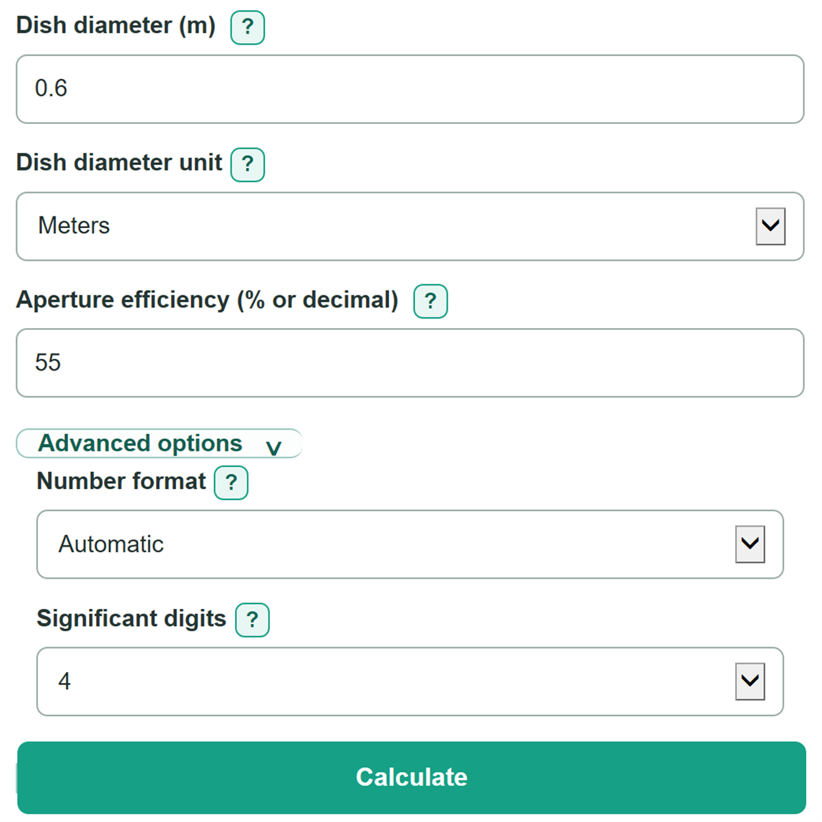 Example inputs for Parabolic Dish Antenna Gain and Beamwidth Calculator