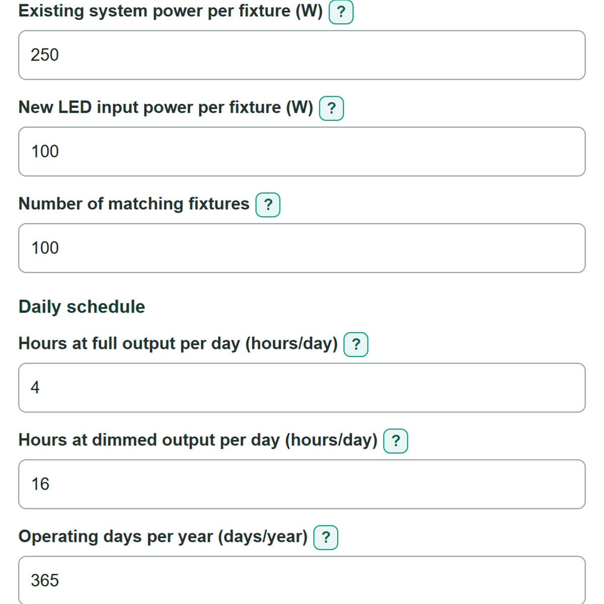 Example inputs for Parking Garage LED Payback Calculator
