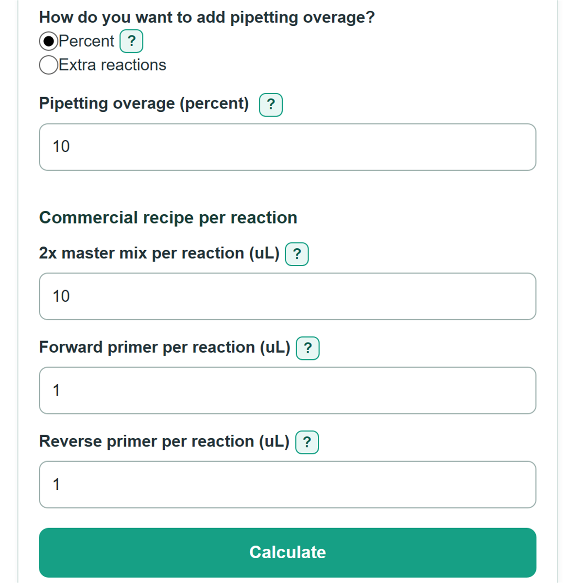 Example inputs for PCR Master Mix and Pipetting Overage Calculator