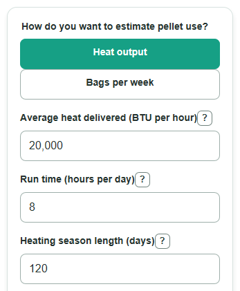 Example inputs for Pellet Stove Running Cost Calculator