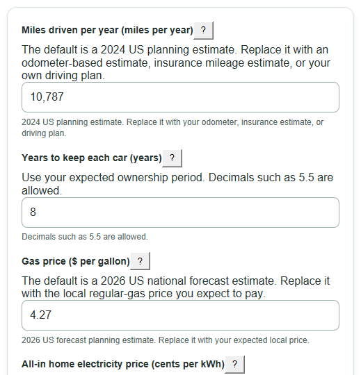 Example inputs for PHEV vs Hybrid vs Gas Car Lifetime Cost Calculator