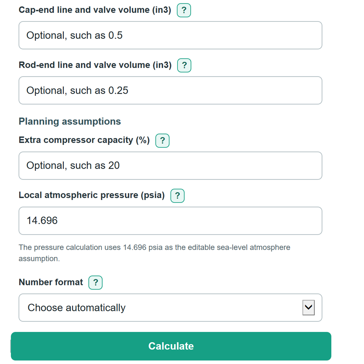 Example inputs for Pneumatic Cylinder Air Consumption and Compressor Size Calculator