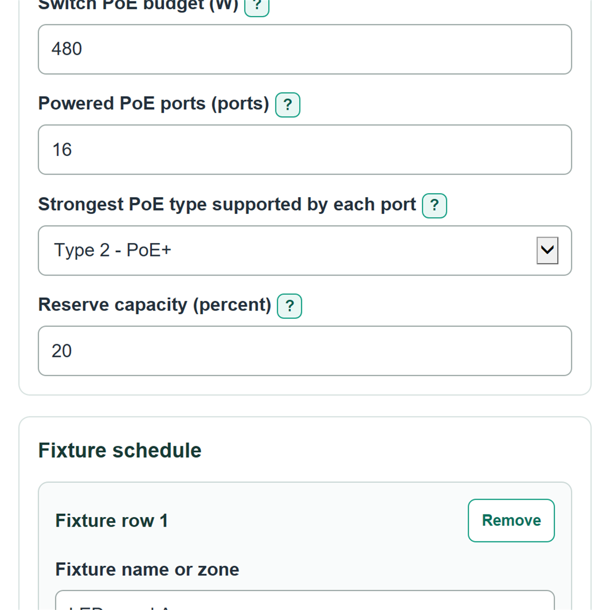 Example inputs for PoE Lighting Power Budget and Switch Capacity Calculator