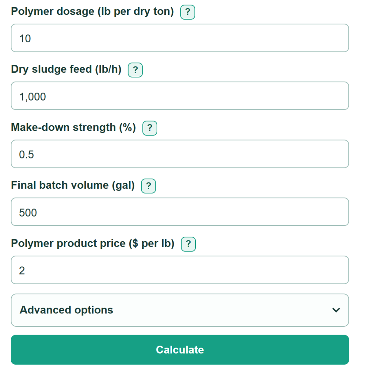 Example inputs for Polymer Make-Down Batch Calculator