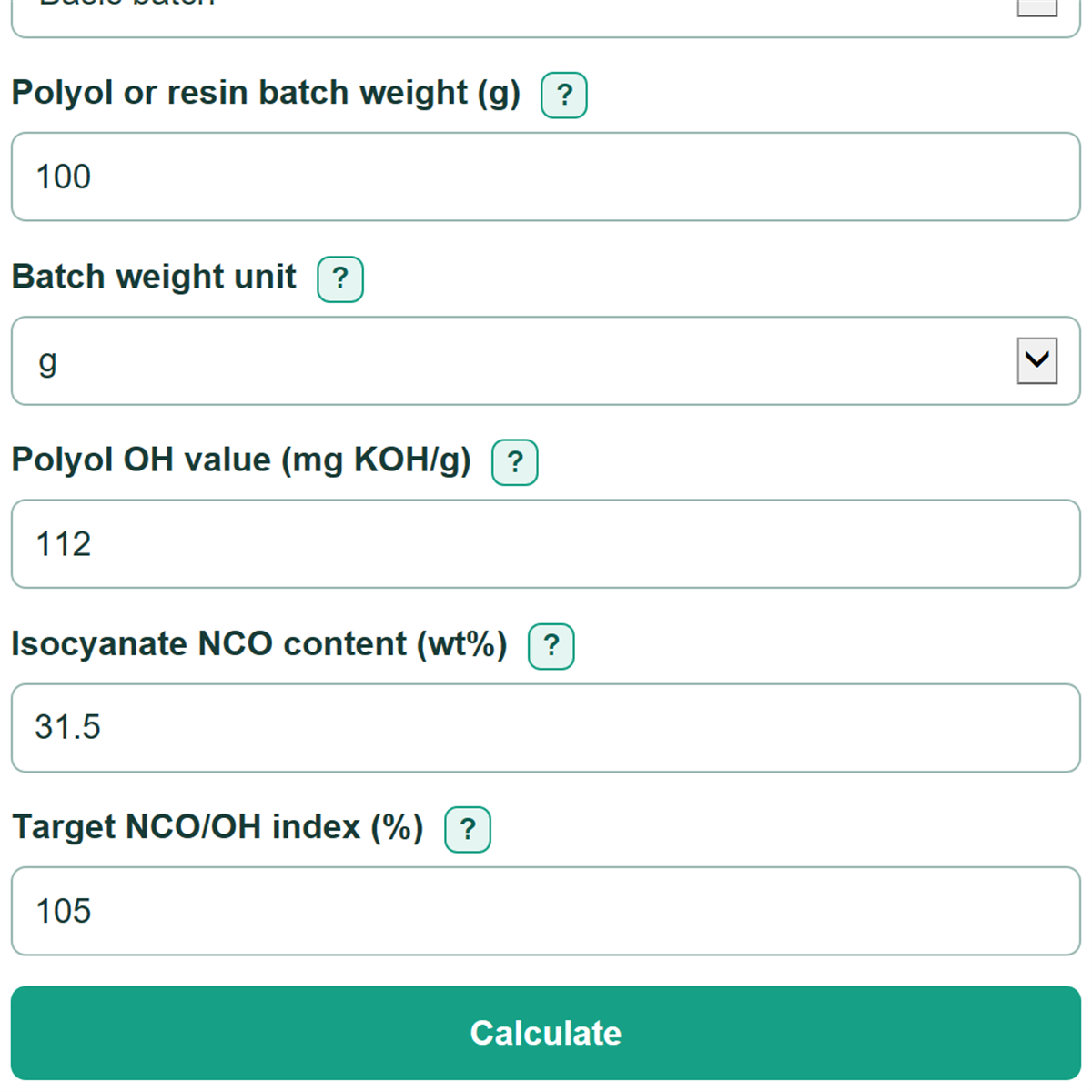 Example inputs for Polyurethane NCO/OH Index Calculator