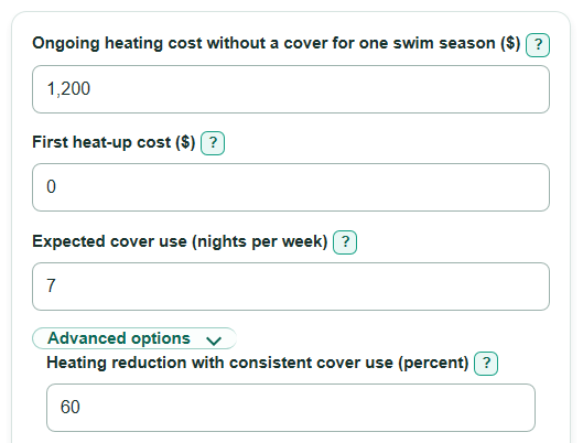 Example inputs for Pool Cover Heating Savings Calculator