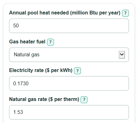 Example inputs for Pool Heat Pump vs Gas Heater Lifetime Cost Calculator