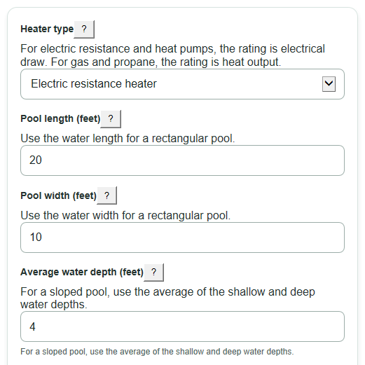 Example inputs for Pool Heater Running Cost Calculator