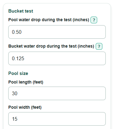 Example inputs for Pool Leak Water and Heating Cost Calculator