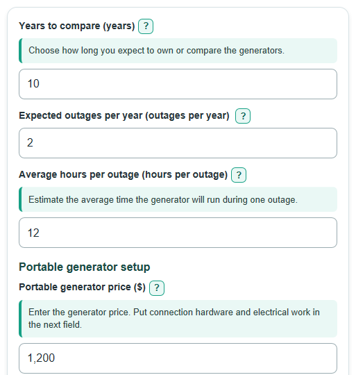 Example inputs for Portable vs Standby Generator Lifetime Cost Calculator