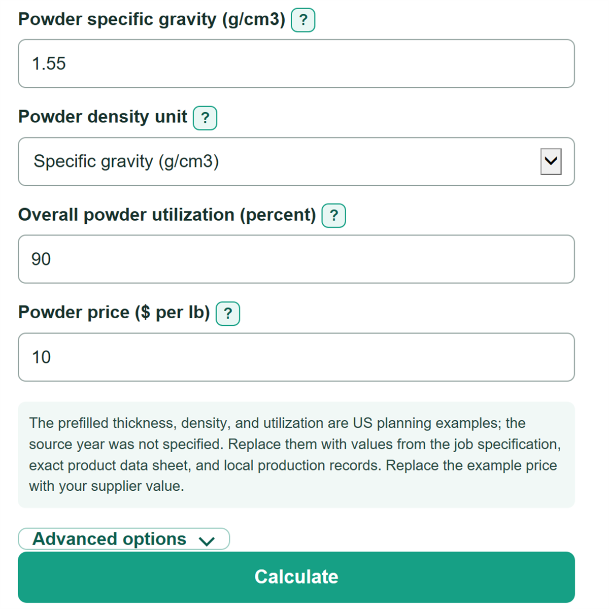 Example inputs for Powder Coating Consumption and Cost Calculator