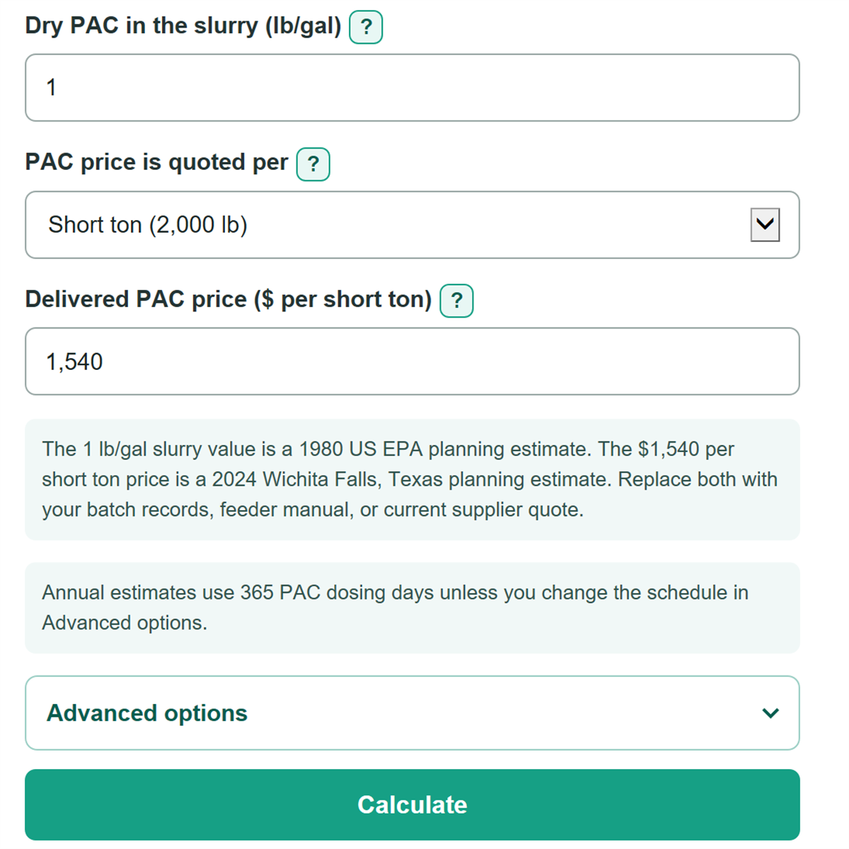 Example inputs for Powdered Activated Carbon Dose and Cost Calculator