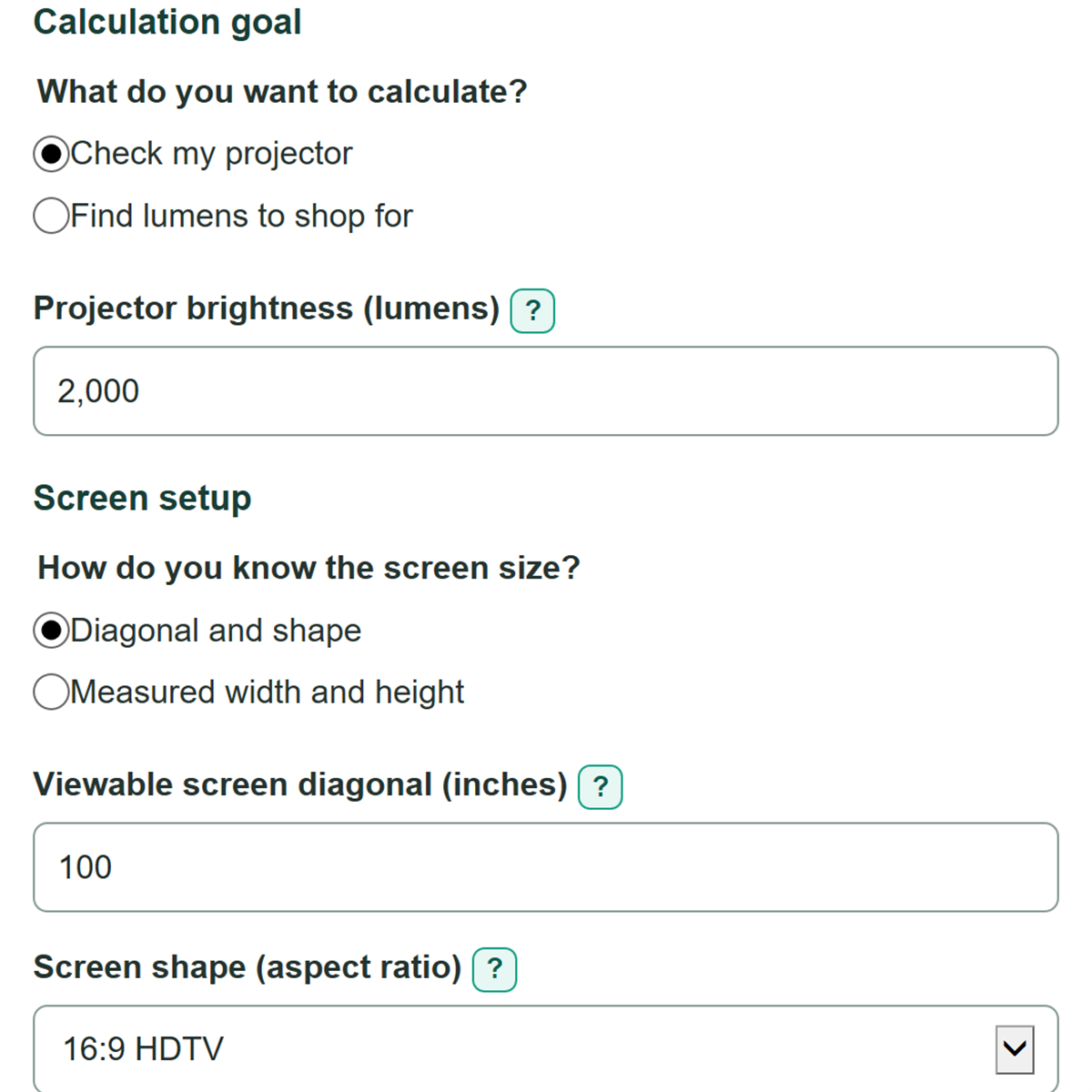 Example inputs for Projector Lumens and Screen Brightness Calculator