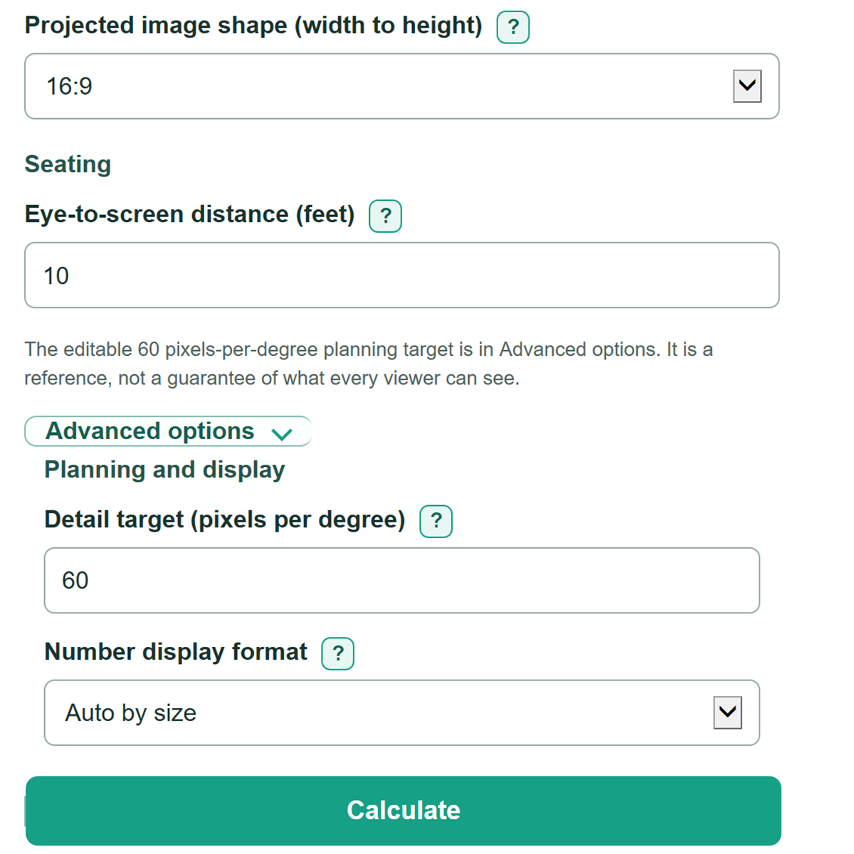 Example inputs for Projector Pixel Density and Pixels per Degree Calculator