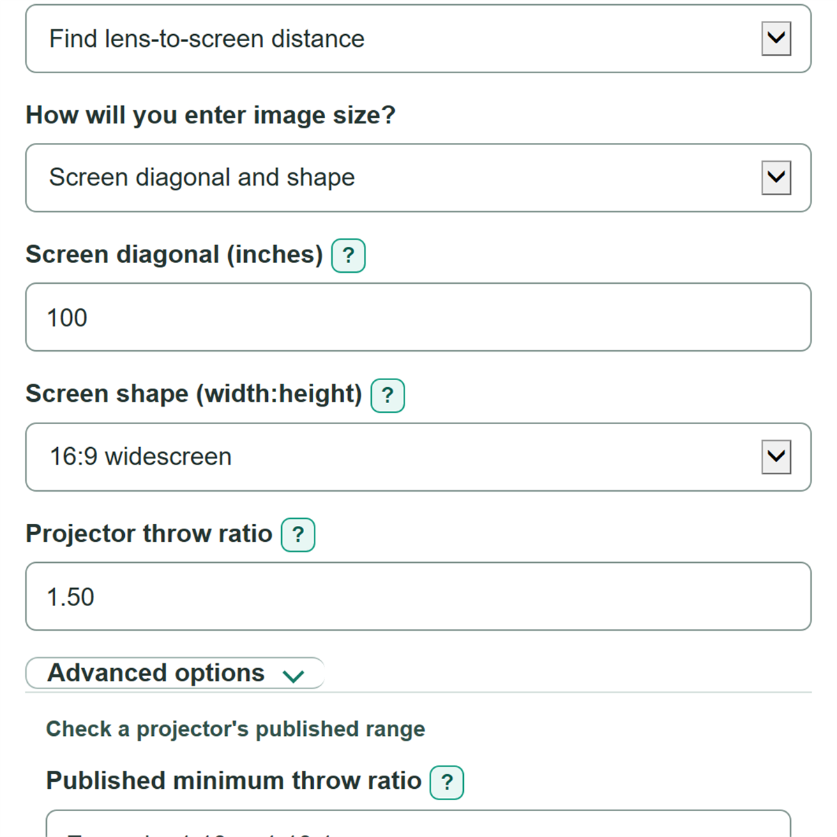 Example inputs for Projector Throw Ratio and Distance Calculator