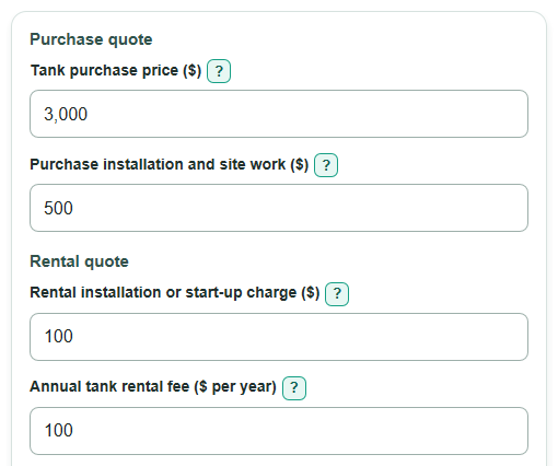 Example inputs for Propane Tank Rental vs Purchase Calculator