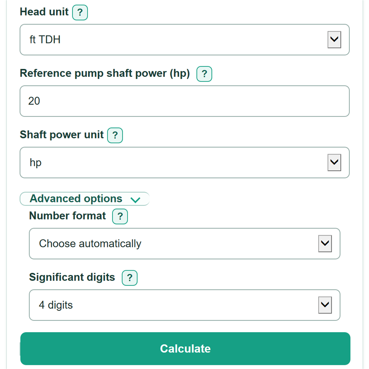 Example inputs for Pump Affinity Laws Calculator