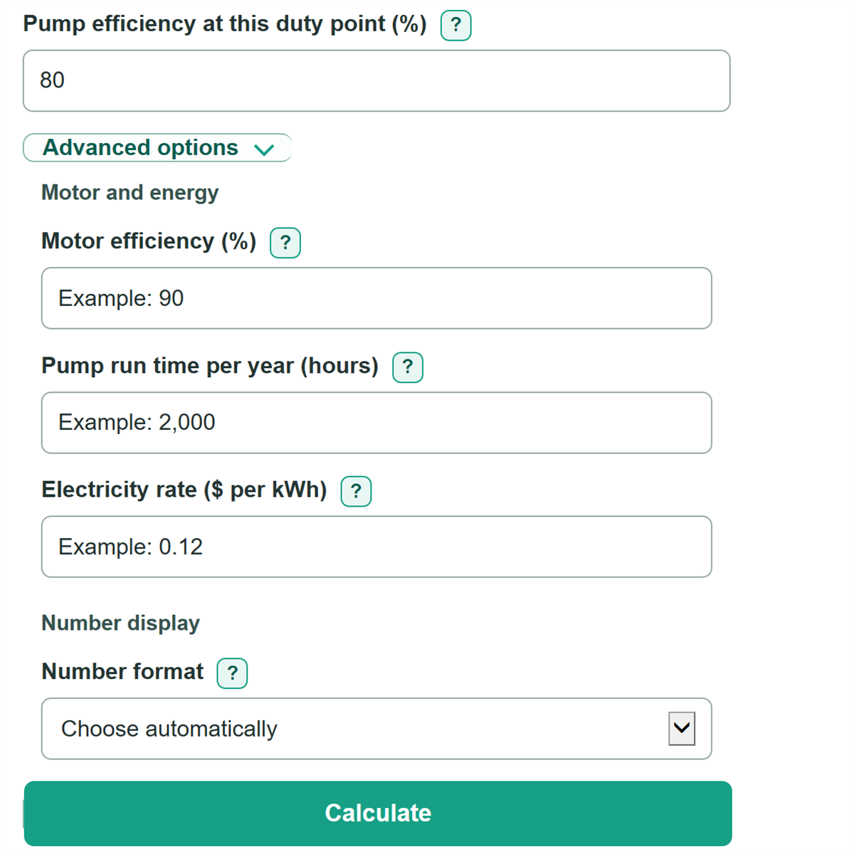 Example inputs for Pump Head, Flow and Hydraulic Power Calculator