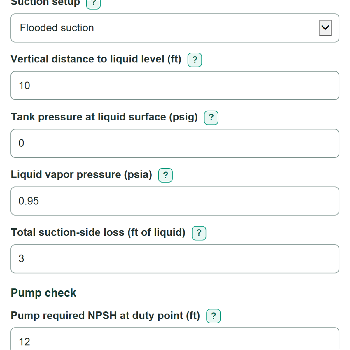Example inputs for Pump NPSH Available and Cavitation Margin Calculator