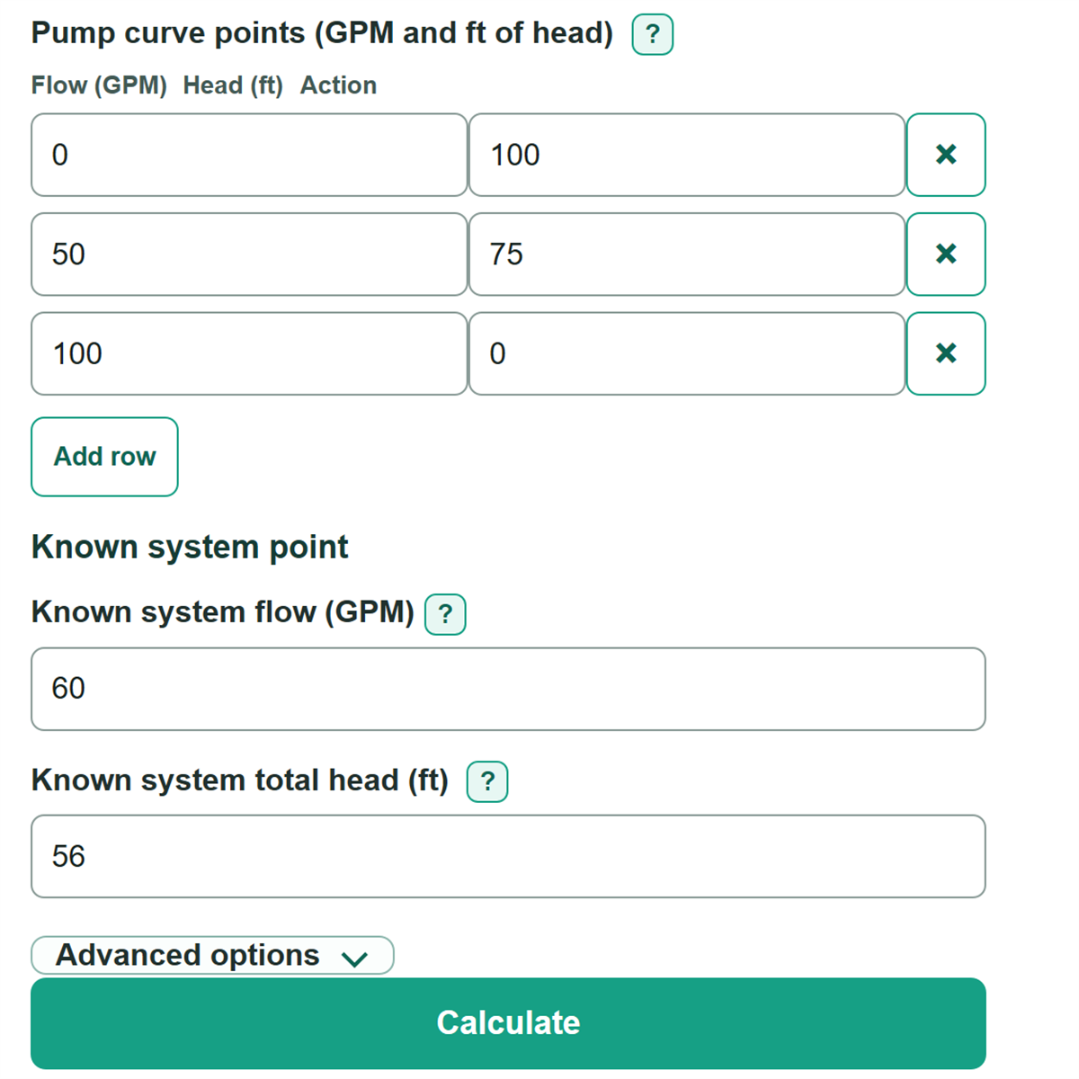 Example inputs for Pump System Curve and Operating Point Calculator