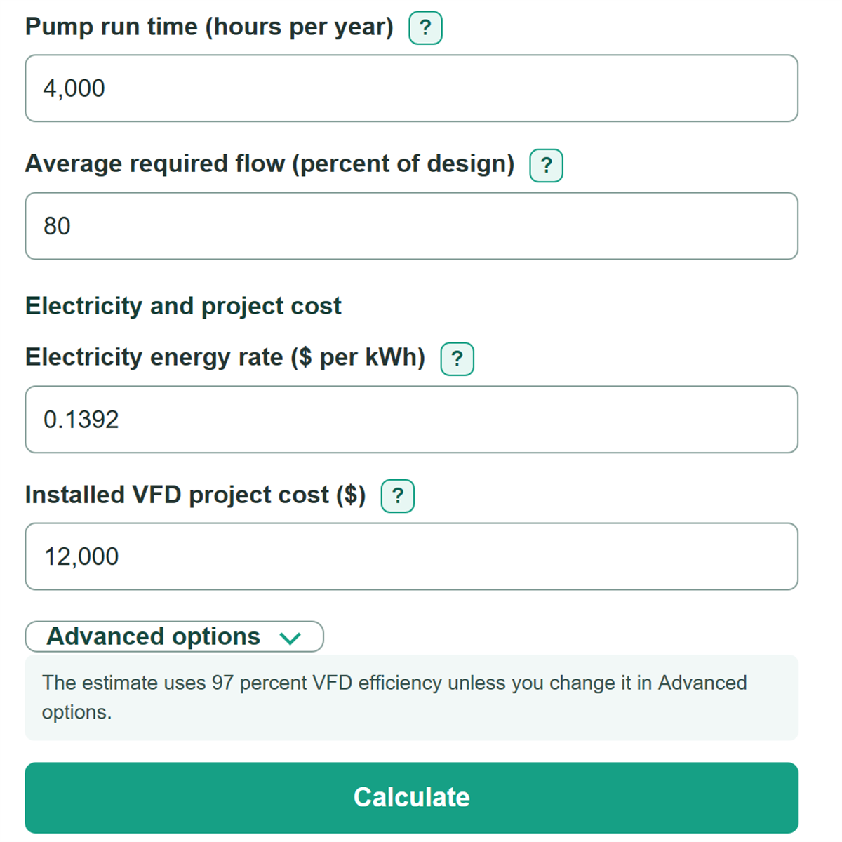 Example inputs for Pump VFD Energy Savings and Payback Calculator