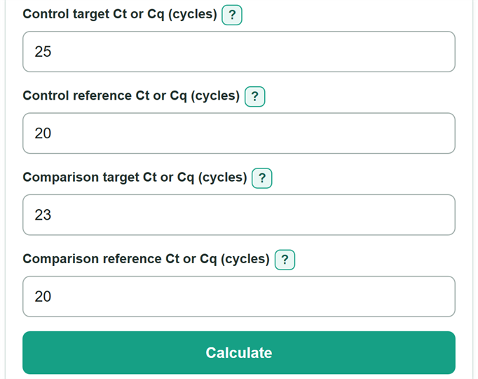Example inputs for qPCR Delta Delta Ct Relative Gene Expression Calculator