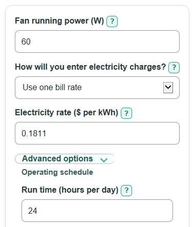 Example inputs for Radon Fan Electricity Cost Calculator