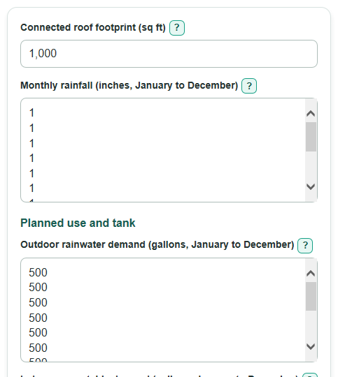 Example inputs for Rainwater Harvesting System Size and Payback Calculator