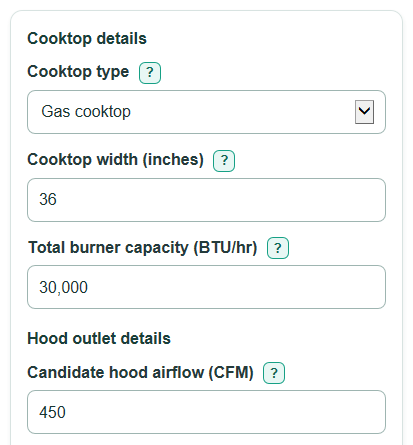 Example inputs for Range Hood CFM and Duct Size Calculator