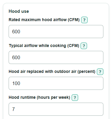Example inputs for Range Hood Makeup Air Heating and Cooling Cost Calculator