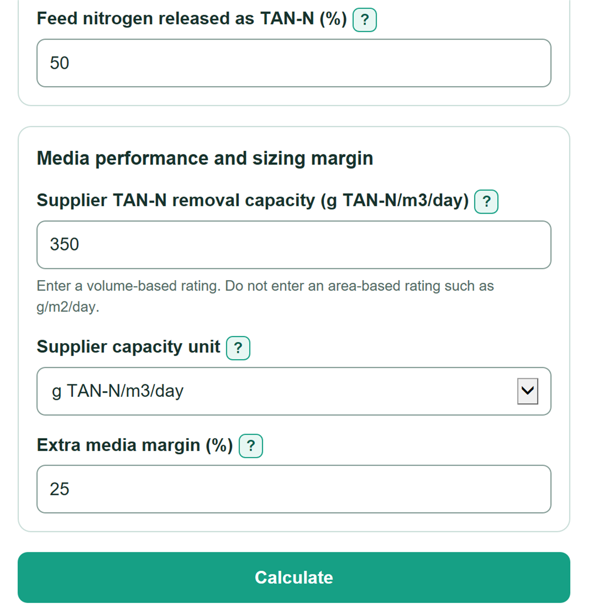 Example inputs for RAS Biofilter Media and TAN Capacity Calculator