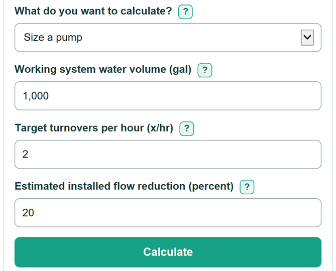 Example inputs for RAS Tank Turnover and Pump Capacity Calculator
