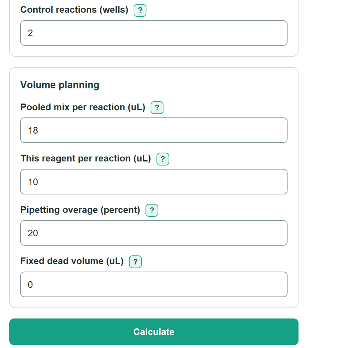 Example inputs for Reagent Volume, Replicates, Dead Volume and Overage Calculator